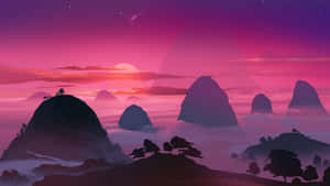 山脈在帶有流星的粉紫色暮色天空中呈現剪影。 — 藍天 壁紙