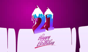 在紫色背景上，帶有蛋糕糖霜和櫻桃的21歲生日快樂 — 生日祝福 壁紙