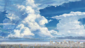 日落時分戲劇性多雲天空下的動漫城市天際線。 — 天氣之子 壁紙