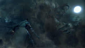 戰士在月光照耀的哥德式廢墟中與 monstrous 生物戰鬥。 — 電玩遊戲 GIF 壁紙