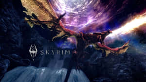 在Skyrim中，一條龍在色彩繽紛的星空下飛過瀑布。 — 上古卷軸V：無界天際 壁紙