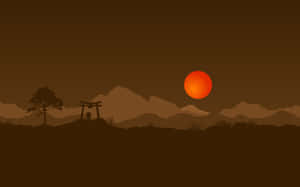夕陽下，鳥居和樹木在山脈前的剪影。 — 簡約 壁紙