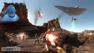 玩家在沙漠戰鬥中與風暴兵和頭頂的星際戰鬥機一起發射爆能槍。 — 瓦赫古魯 壁紙
