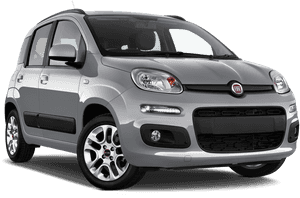 銀色Fiat Panda緊湊型汽車從前側四分之三角度觀看。