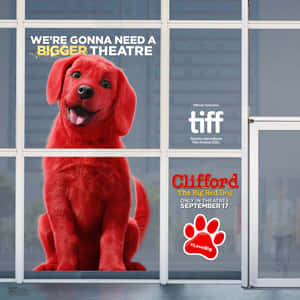 Clifford the Big Red Dog電影海報在帶有TIFF節日標誌的玻璃建築上。 — 大紅狗克利福德 壁紙