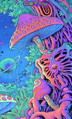 在帶有環狀行星的宇宙森林中，發光蘑菇和外星植物。 — Galaxy Tab A 壁紙