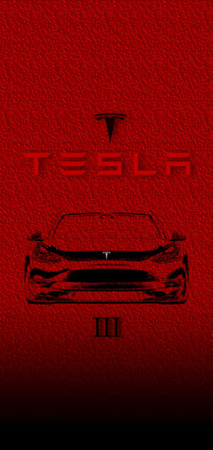 在紅色紋理背景上，帶有標誌和羅馬數字 III 的 Tesla 汽車剪影。 — iPhone 14 Plus 壁紙
