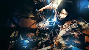動漫角色以發光藍色能量和破碎的環境擺出戰鬥姿勢。 — 里維·阿卡曼 壁紙