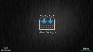 像素化藍色加號圖標，帶有 Keep Coding 文字，位於拉絲黑色金屬背景上。 — 程式碼 壁紙