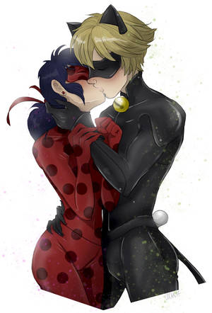 Ladybug 和 Cat Noir 穿著超級英雄服裝分享浪漫之吻。 — 瓢蟲與黑貓的吻 壁紙