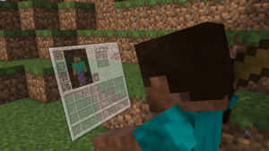 Minecraft玩家在草地地形上打開合成選單 — 我的世界 壁紙