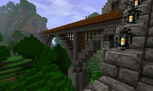 Minecraft 遊戲世界中，被綠樹環繞的帶木頂石橋。 — 塔橋 壁紙