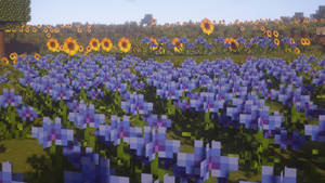 Minecraft遊戲世界中的像素化藍色和黃色花田。 — 我的世界 壁紙