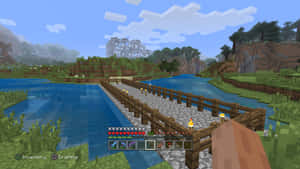 玩家在Minecraft遊戲世界中走過河流上的木橋。 — 塔橋 壁紙