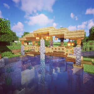 Minecraft 森林中水上帶燈籠的木橋 — 塔橋 壁紙