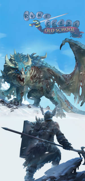 手持劍與盾的騎士在雪山上面對一條巨大的藍色龍。 — Old School Runescape 壁紙