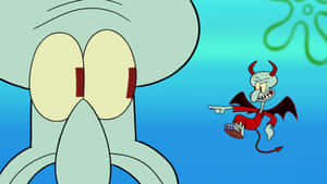 Squidward 看起來很震驚，因為一個細小惡魔版的自己在水底指著他。 — 章魚哥的觸手 壁紙
