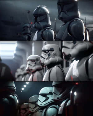 在戲劇性燈光下，身穿科幻盔甲的風暴兵和複製人兵團。 — 星際大戰 壁紙