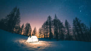 在星空夜空下，雪地森林中發光的帳篷 — 冬季風景 壁紙