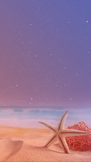 星光暮色天空下的海星和珊瑚 — 海灘 iPhone 壁紙