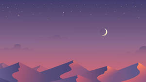 在星夜和彎月下，紫色和粉紅色的山巒。 — 垃圾美學 壁紙