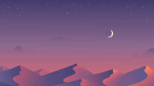 在星夜與新月下，紫色和粉紅色的山巒。 — 簡約 壁紙
