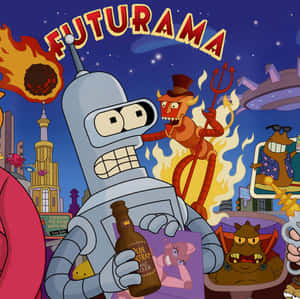 在星空下，Futurama 機器人手持啤酒瓶，被卡通混亂包圍。 — 飛出個未來 壁紙