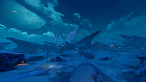 星空下，發光廢墟的外星沙漠 — 電玩遊戲 GIF 壁紙