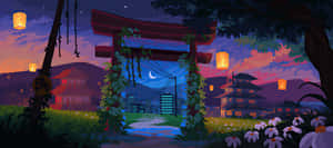 黃昏時分，像素藝術神社大門掛著燈籠，俯瞰城市天際線。 — 像素藝術 壁紙