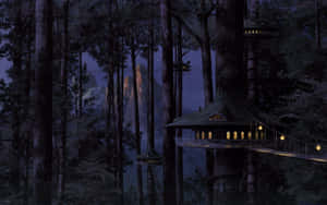 一座發光的樹屋坐落在夜晚的黑暗森林中，背景有山巒。 — 樹林 壁紙