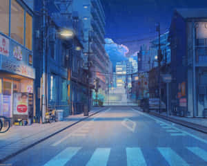 一條寧靜的動漫風格日本城市街道，夜晚有發光的招牌和星空。 — 藍色美學電腦 壁紙