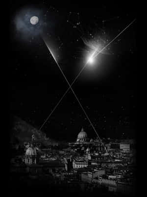 流星劃過星空的夜間城市天際線。 — 暮光 壁紙