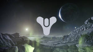 在星空下，帶有發光綠色光芒和漂浮標誌的外星岩石地形。 — 天命2 壁紙