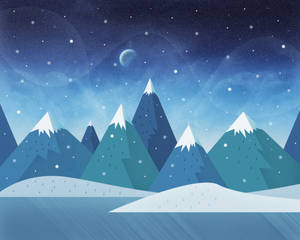 在星空夜空下，有新月，積雪的山脈。 — 冬季風景 壁紙