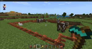 Minecraft玩家在長滿草的農場裡，靠近圍欄內的牛隻，手持鑽石斧。 — 乳牛動圖 壁紙