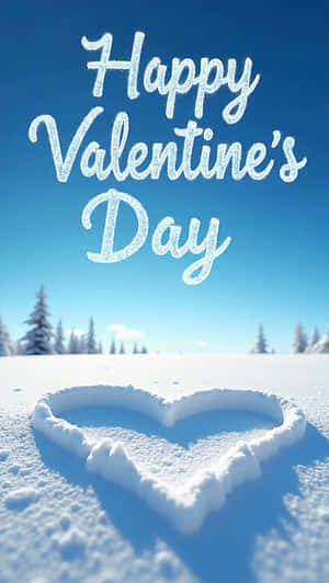 雪心心形，霜凍文字寫著 Happy Valentine's Day，背景為藍天和松樹 — 愛心 壁紙