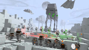 Minecraft風格的星際大戰戰鬥，AT-AT步行機和風暴兵在冰原地形上作戰。 — 酷炫星際大戰 壁紙