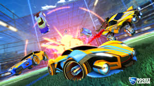 Rocket League 汽車在體育場內飛行並碰撞的比賽場景。 — 4K 火箭聯盟 壁紙