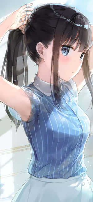 動畫女孩在窗邊將頭髮綁成馬尾。 — 1170x2532 壁紙