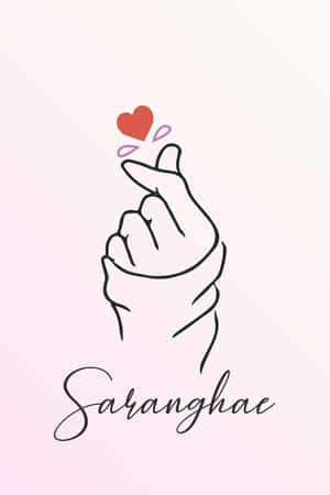 做出心形手勢的手，漂浮的心形和「Saranghae」文字。 — 藍色愛心 壁紙