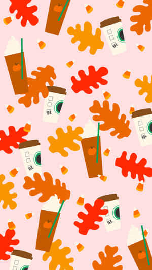 粉紅色背景上帶有咖啡杯和樹葉的秋季主題圖案。 — 可愛聖誕 iPhone 壁紙