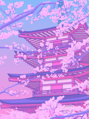 薰衣草色天空下，櫻花環繞的粉紅色寶塔。 — 粉彩色粉紅 壁紙