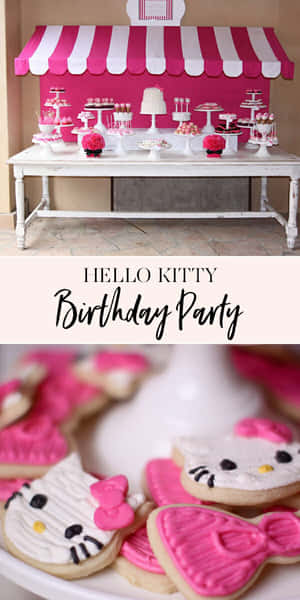 Hello Kitty生日派對，配有粉紅色餅乾和甜品桌。 — 凱蒂貓 美學 GIF 壁紙