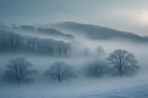 白雪覆蓋的山坡，光禿禿的樹木在黎明時從濃霧中升起 — 丘陵景觀 壁紙