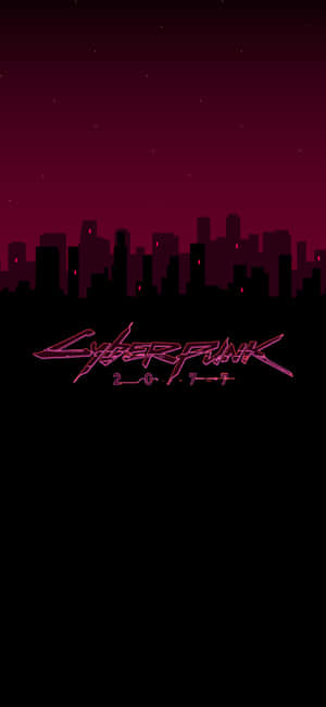 Cyberpunk 2077 螢光粉紅色標誌，位於黑暗城市天際線剪影之上。 — 電馭叛客2077 壁紙