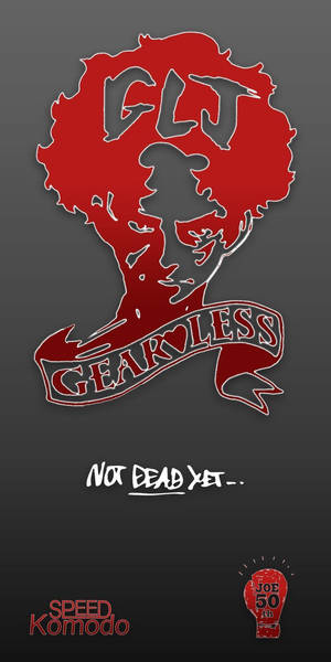 紅色風格化標誌，帶有非洲式剪影和文字 GLJ GEARLESS 及 NOT DEAD YET — Megalobox 壁紙