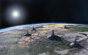 在荒蕪的外星行星上，明亮恆星下的未來主義尖塔城市。 — 星際效應 壁紙