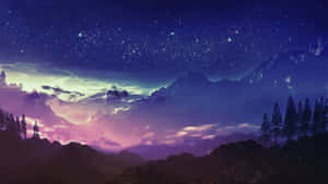 山脈上空的星空之夜，帶有發光的雲朵和松樹 — 夜空 壁紙