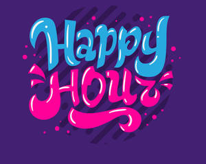 紫色背景上，粗體藍色和粉紅色的「Happy Hour」文字，帶有節日水滴。 — 5:4 壁紙