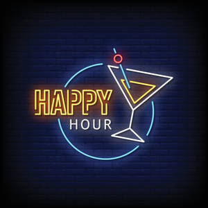 磚牆上帶有馬丁尼酒杯的霓虹 happy hour 標誌